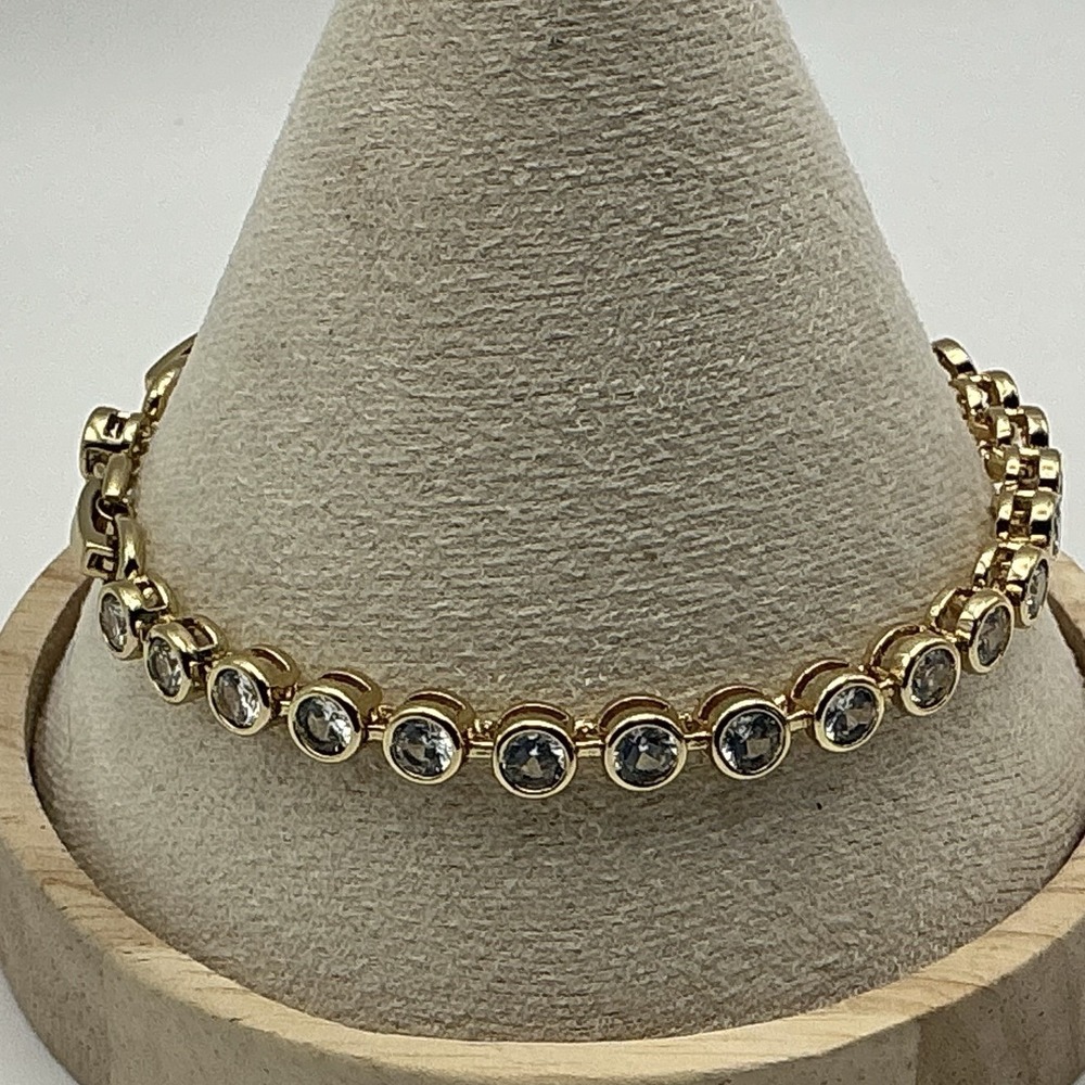 18K Gold Plated Brass Clear Crystal Tennis Bracelet Waterproof 7.5" NWOT